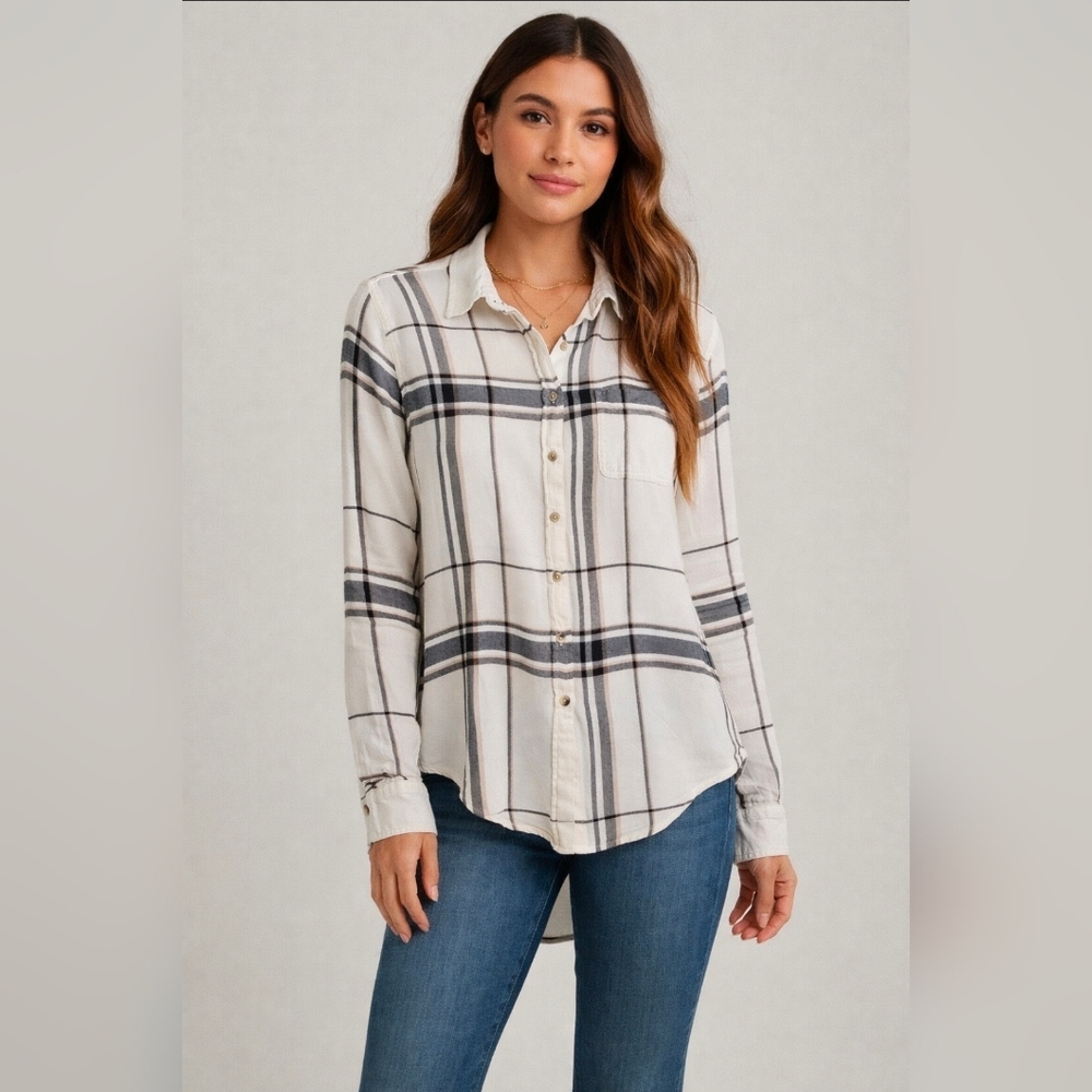Lucky Brand Cream Black and Tan Plaid Button-Down Shirt, High Low Womens Medium - Picture 1 of 7